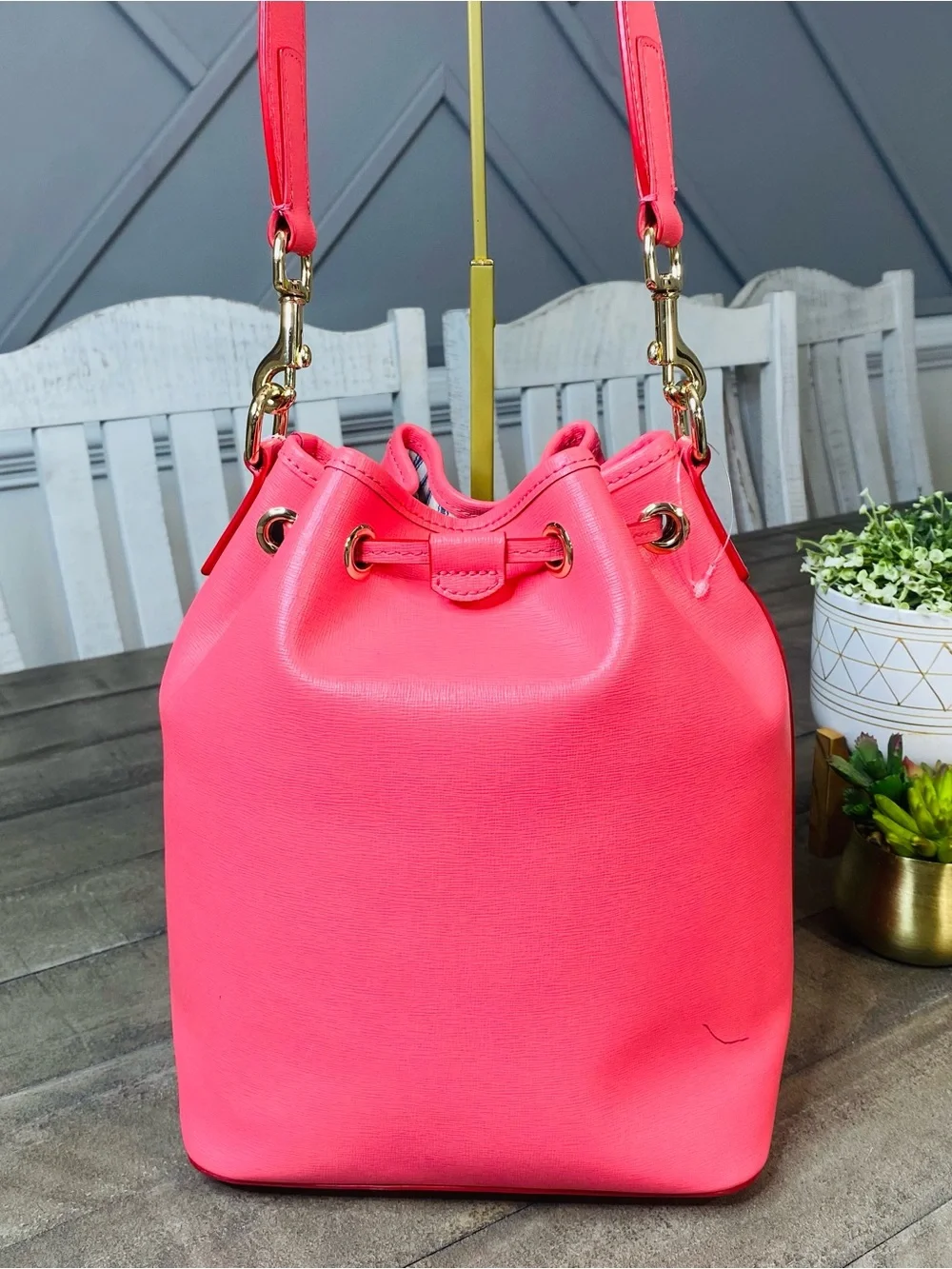 Dooney & Bourke Saffiano Leather Drawstring Bucket Bag Hot Pink Neon